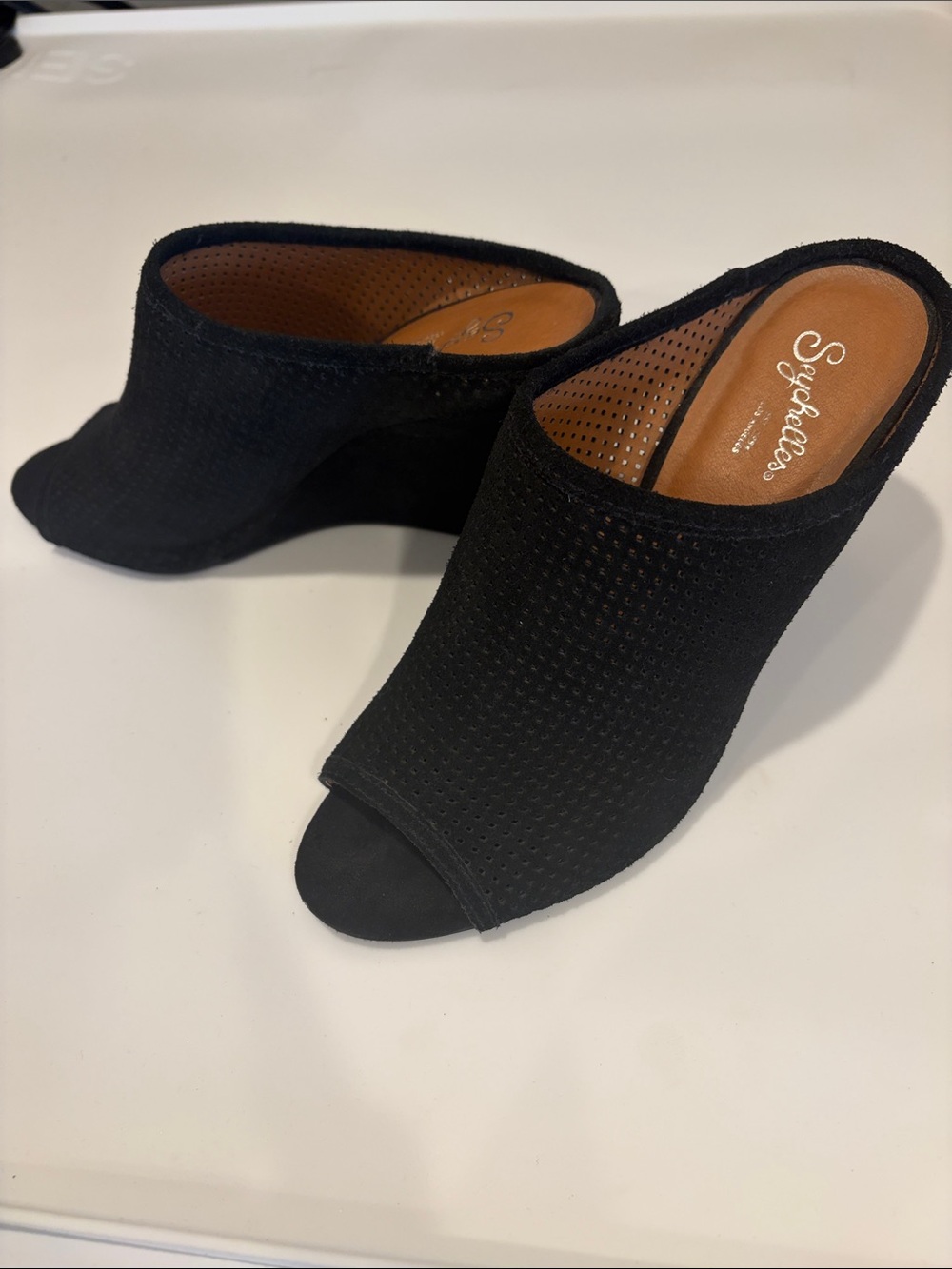 Seychelles Black Perforated Open-Toe Wedge Mules